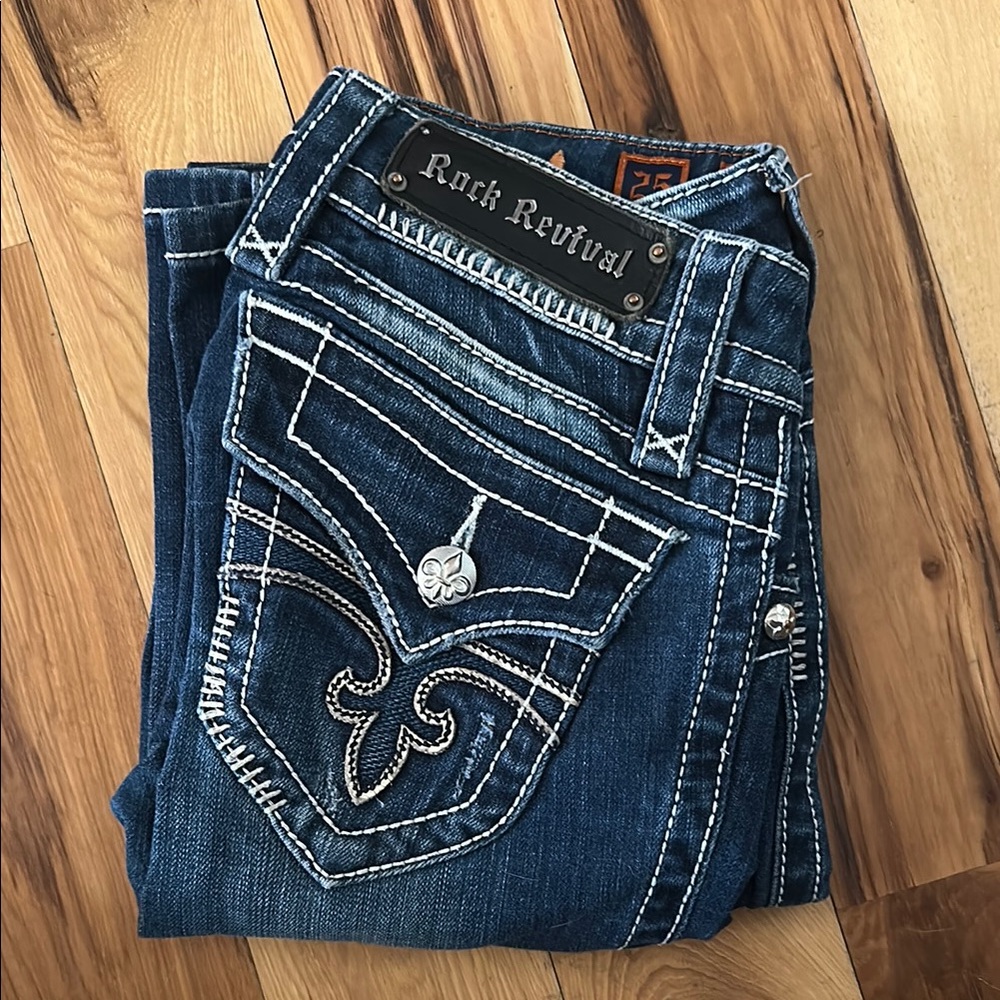 Rock Revival Blue Boot Cut Jeans with Contrast Stitching